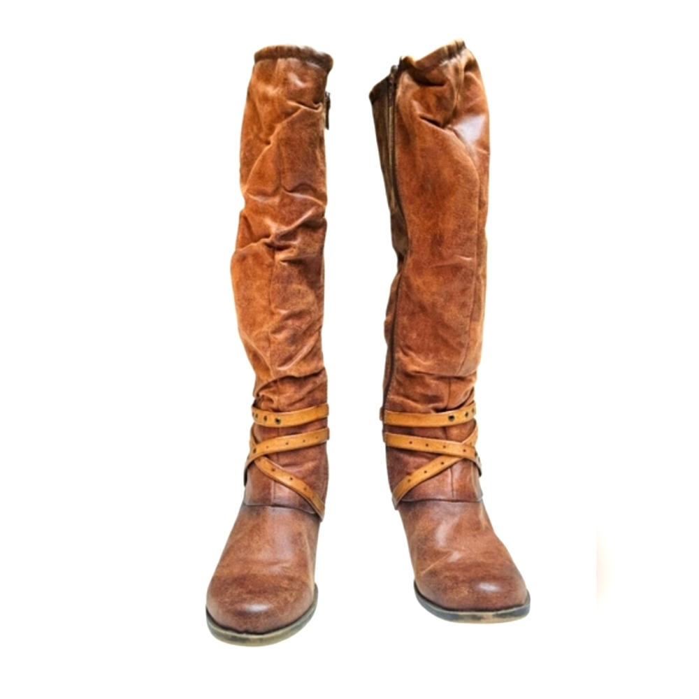 BareTraps Auburn Faux Leather Crinkle Rocky Knee High Fall Western Heel Boots - Picture 2 of 13
